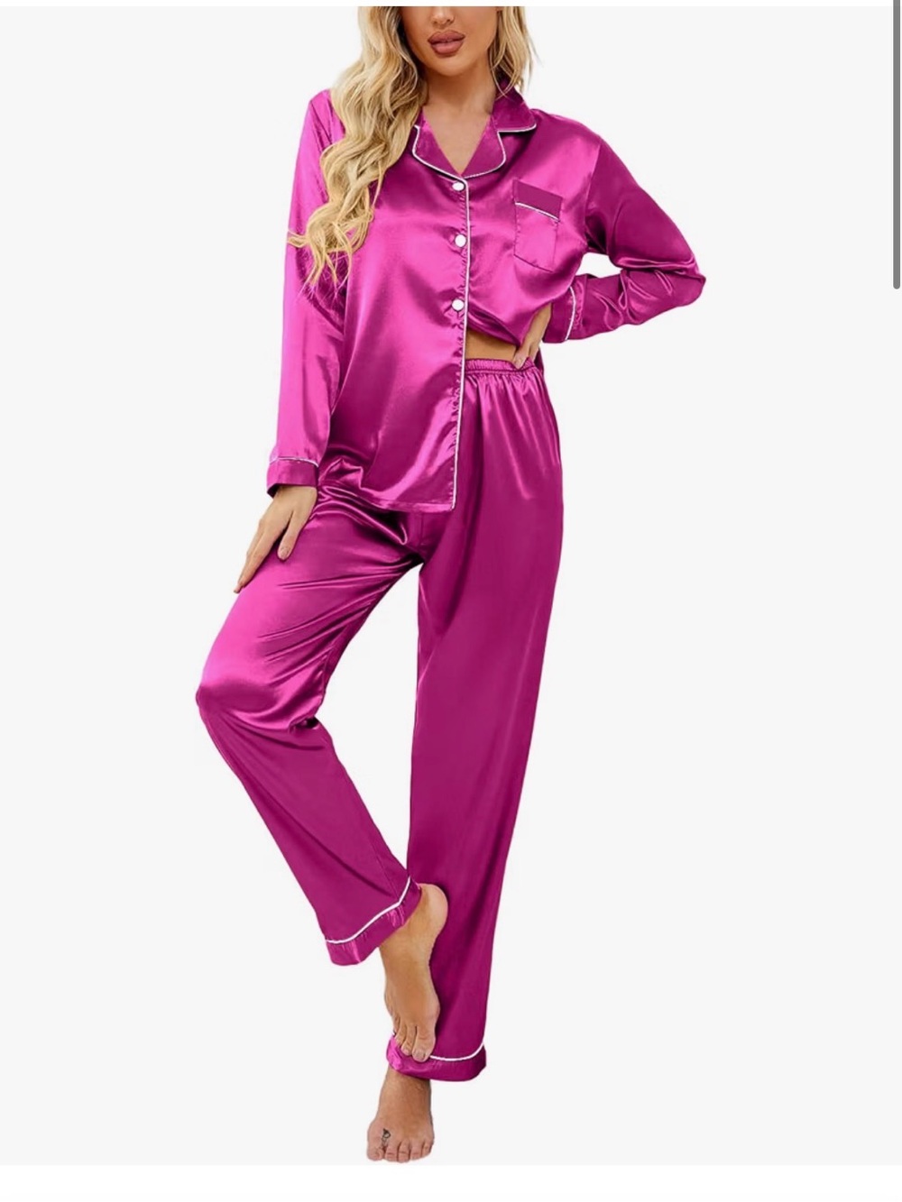Women's Satin Pajama Set in Fuchsia - Classic Button-Front